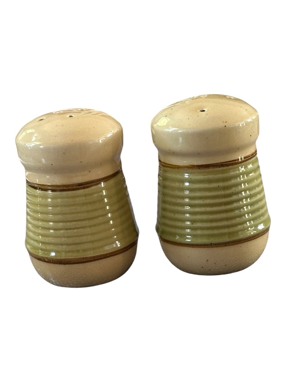 Gibson “Retreat Green” Ceramic Salt and Pepper Shakers in Cream and Sage